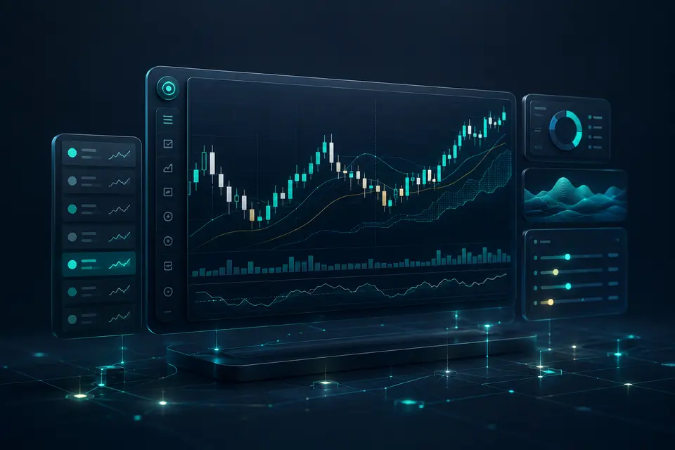 Ilustrasi konseptual alat analisis AI dan carta platform perdagangan Quantum AI