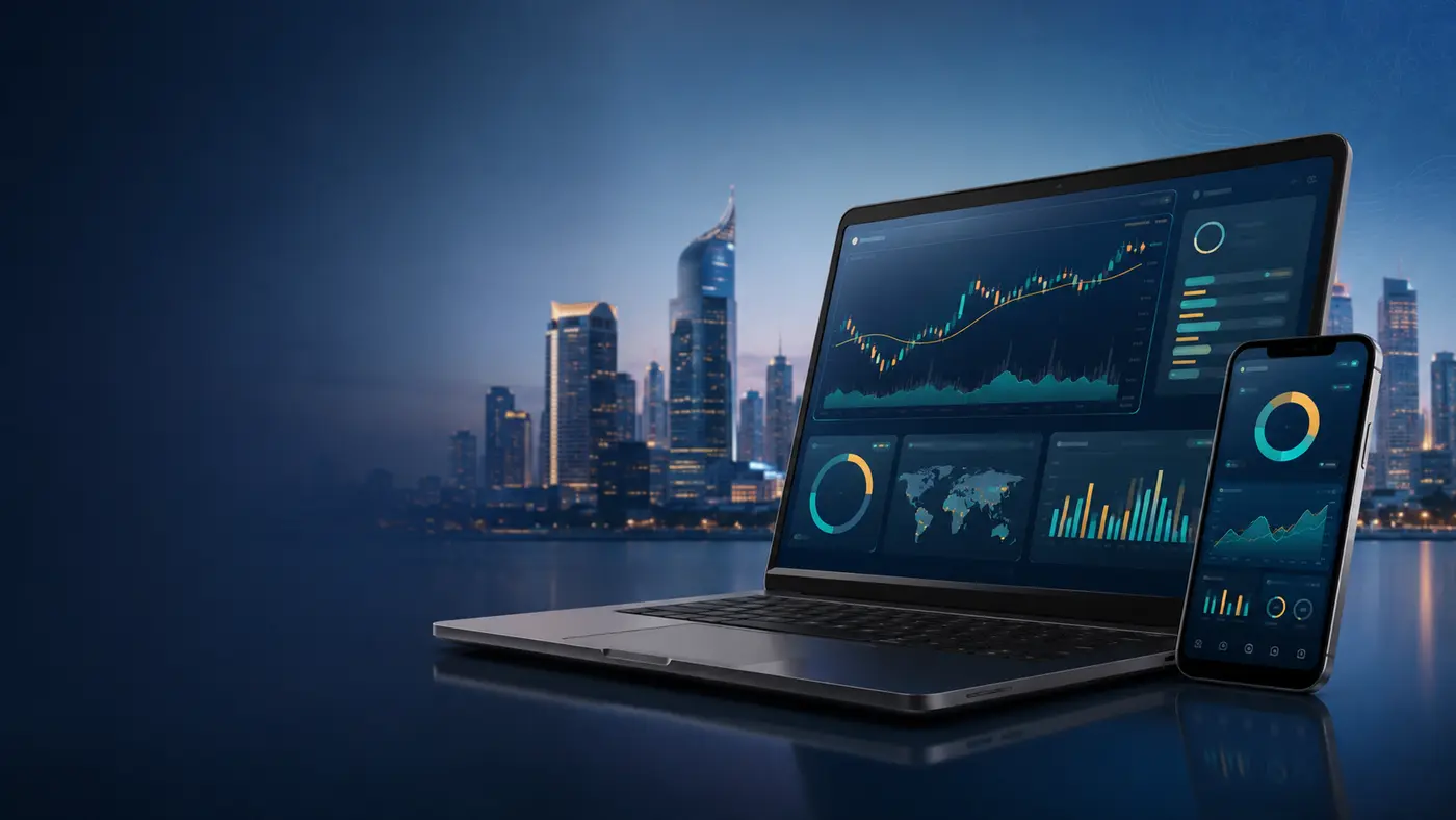 Visual konsep platform perdagangan Quantum AI Indonesia pada komputer dan telefon
